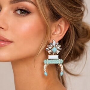 Sugarfix Baublebar Silver Tone Faux Turquoise Drop Statement Earrings Western